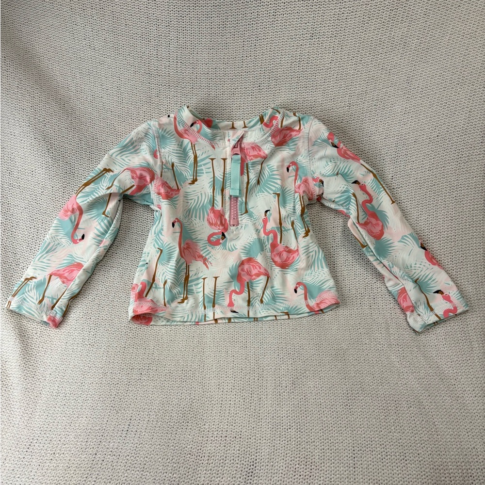 Ruffle Butts Flamingo Rash Guard Top, Long Sleeved Swim Shirt